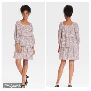 NWT Who What Wear Anthropologie tiered mini leaves long sleeve dress